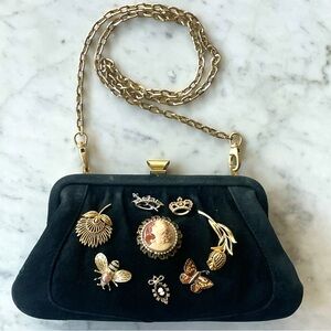 VTG Real Suede Clutch, embellished w/ 8 vintage brooches, new gold chain,11x6